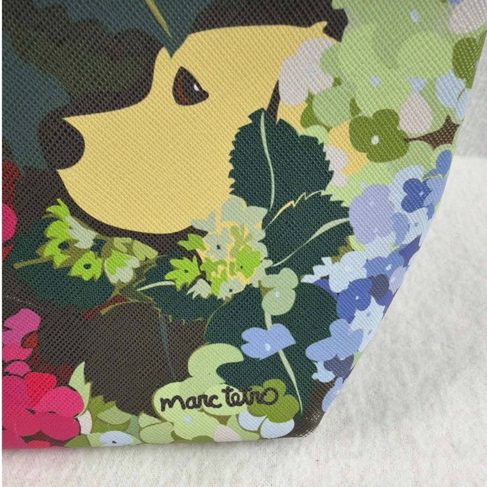 Marc Tetro Dog Floral Cosmetic Bag Saffiano Pouch Striped Lining Makeup Bag